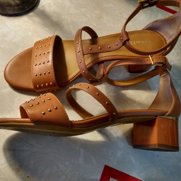Calvin Klein Divina Heeled Sandals Gold Stud Accent Ankle T Strap Size 8.5 - Picture 1 of 8